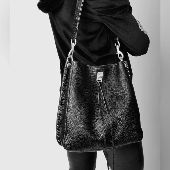 Rebecca Minkoff Black Pebbled Leather Darren Brass Studded Hobo - Picture 2 of 16